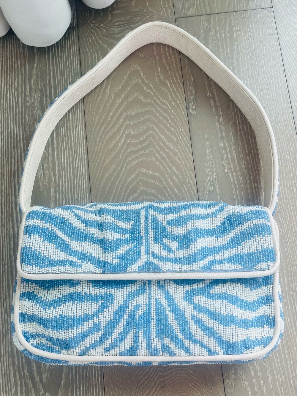 STAUD Blue and White Beaded Zebra-Print Shoulder Bag